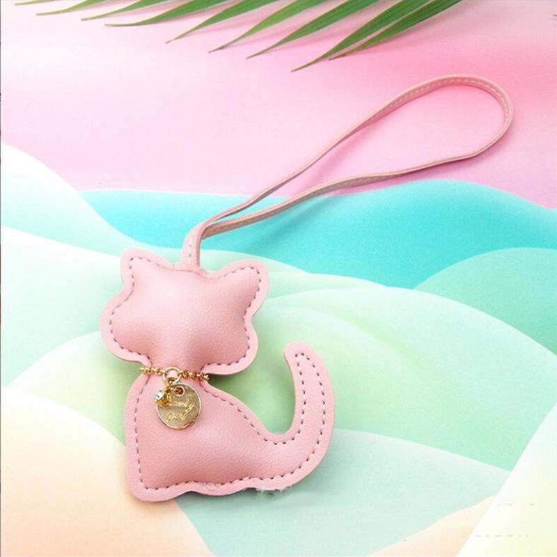 Fashion PU Leather Cat Pendant Keychain Cute Animal Keyring Women Bag Charm Handbag Hanging Decoration For Girl Gifts