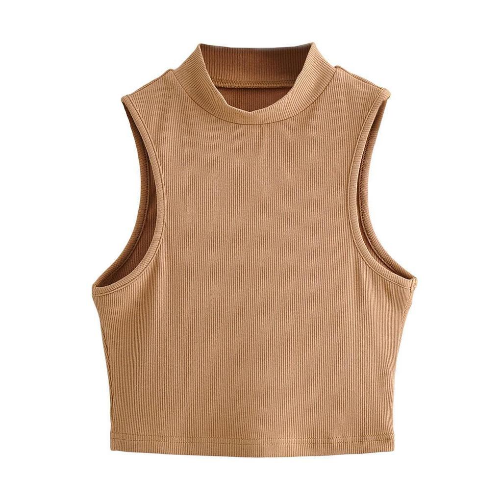 Women's American Retro Sleeveless High Collar Crop Top - Slim Fit, High Waist, Elastic, Navel-Baring.