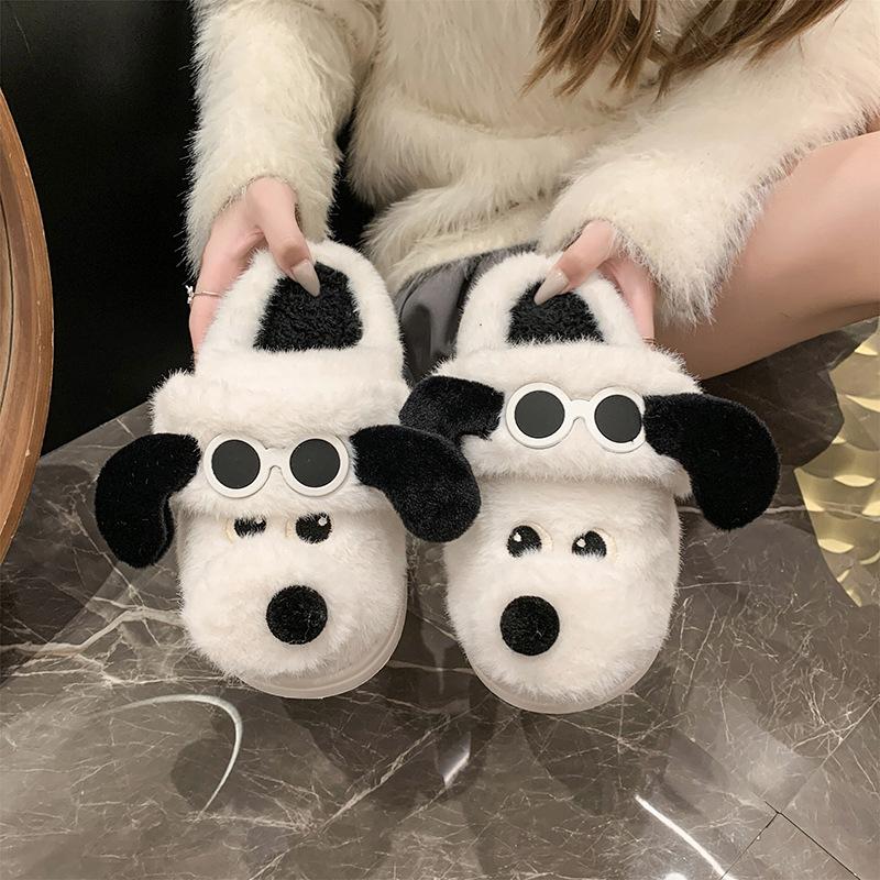 Scribbled Dog Cotton Slippers Winter Girl Cute Cartoon Indoor Home Warm Couple Thick Bottom Fluffy Slippers
