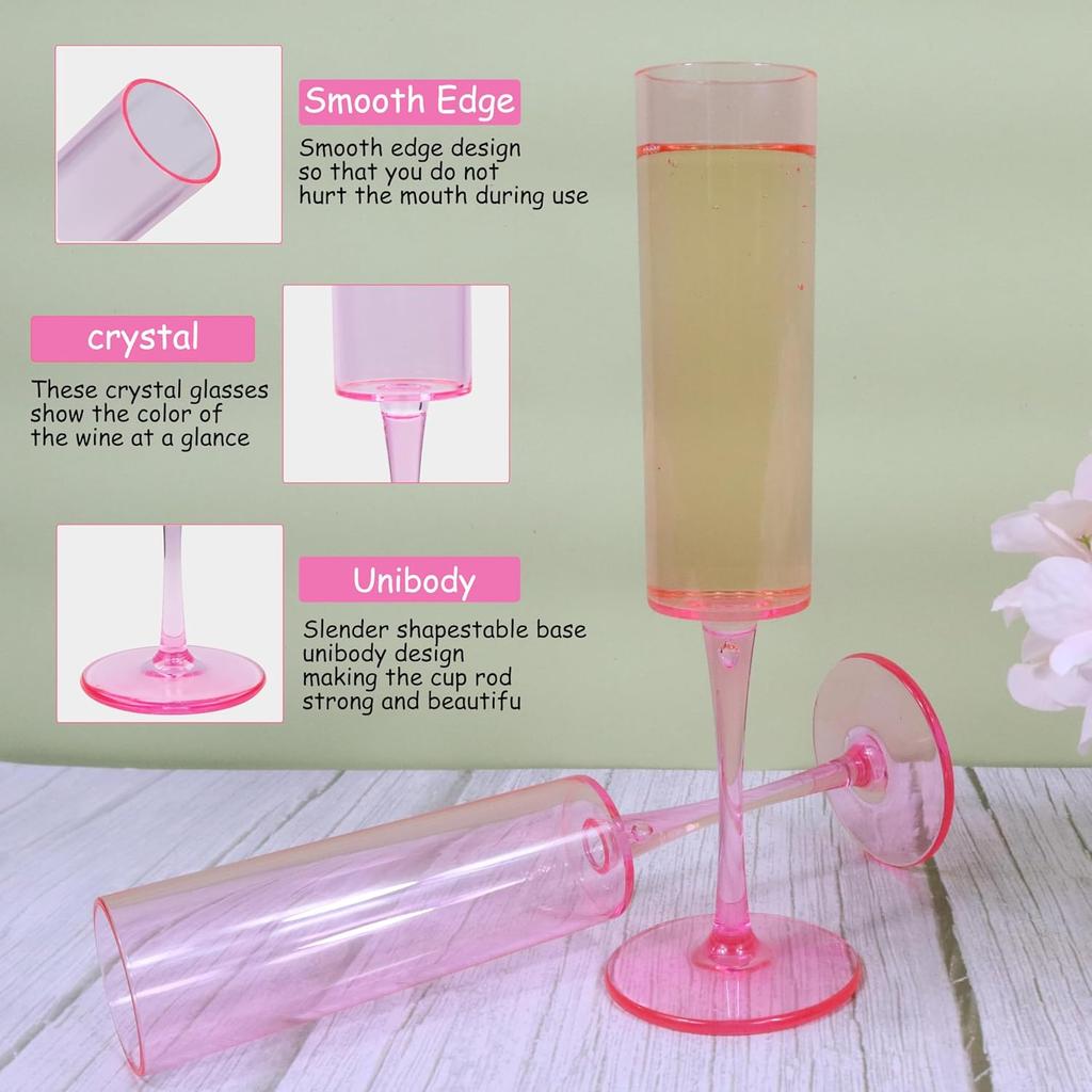 12 Pcs Pink Acrylic Champagne Flutes 6 OZ Unbreakable Tall Stemmed Glasses for Wedding Anniversary Birthday