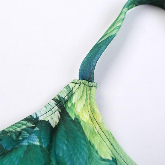 2Pcs/Set Summer Bikini Set Green Printing Sloping Shoulder Design Bra Low-rise Quick-Drying Fabric Bottoms Set Beach Pool Swimwear