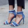 Open Toe Denim Women's Sandals Ankle Strap Stiletto Peep Toe Cutout Zipper High Heels Sandals Casual Daily Shoes Plus Size 43