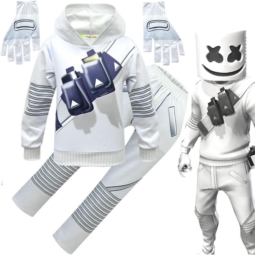 Set Felpa con Maniche Lunghe Pantaloni Maschera Copricapo DJ Marshmello per Bambini e Bambine Costumi Cosplay di Halloween Vestito per Giochi di Ruolo
