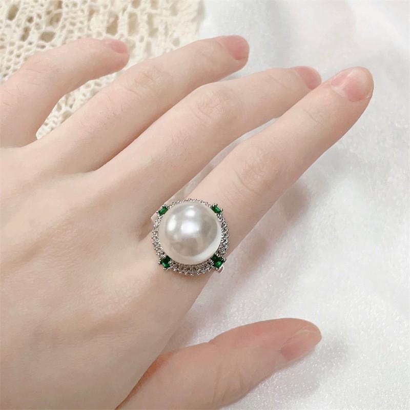 High-End French Emerald & Pearl Micro-Set Diamond Ring for Women – Internet Celebrity Style Adjustable Open