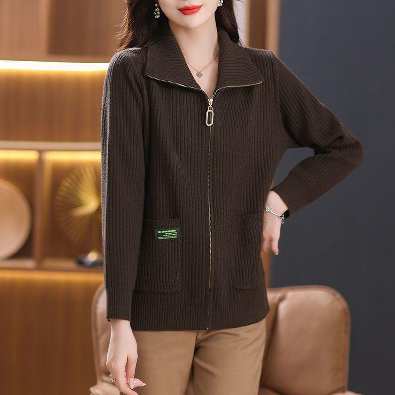 Women's Cardigans Sweaters Outerwear Spring and Autumn Knitwear Lapels Zippered Pockets