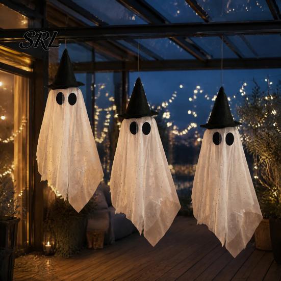 Indoor Halloween Party Props 3 Pcs Hanging Ghost Decoration, Spooky Large Mesh Three Piece Set with Witch Hat for Porch, Yard, Entryway, Haunted House