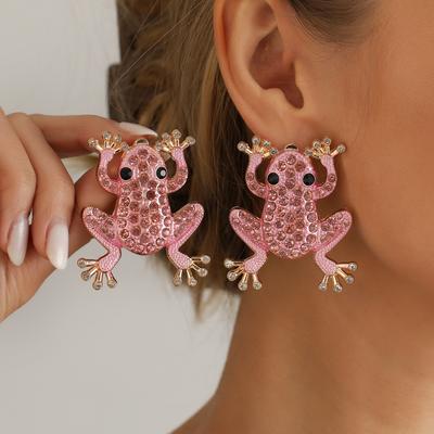 Fashion Full Rhinestone Frog Stud Earrings, Y2K Unique Versatile Animal Ear Jewelry Wholesale