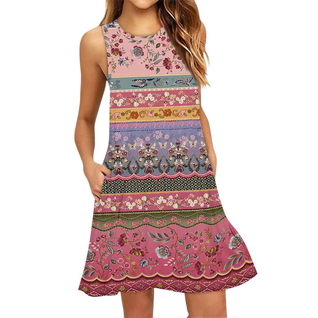 Women's Fashion Beach Dress Sleeveless Round Neck Stripe Print Dress