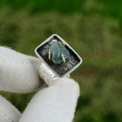 Natürlicher Aquamarin Rohstein 925 Silber Stapelbarer Verstellbarer Ring Für Mädchen