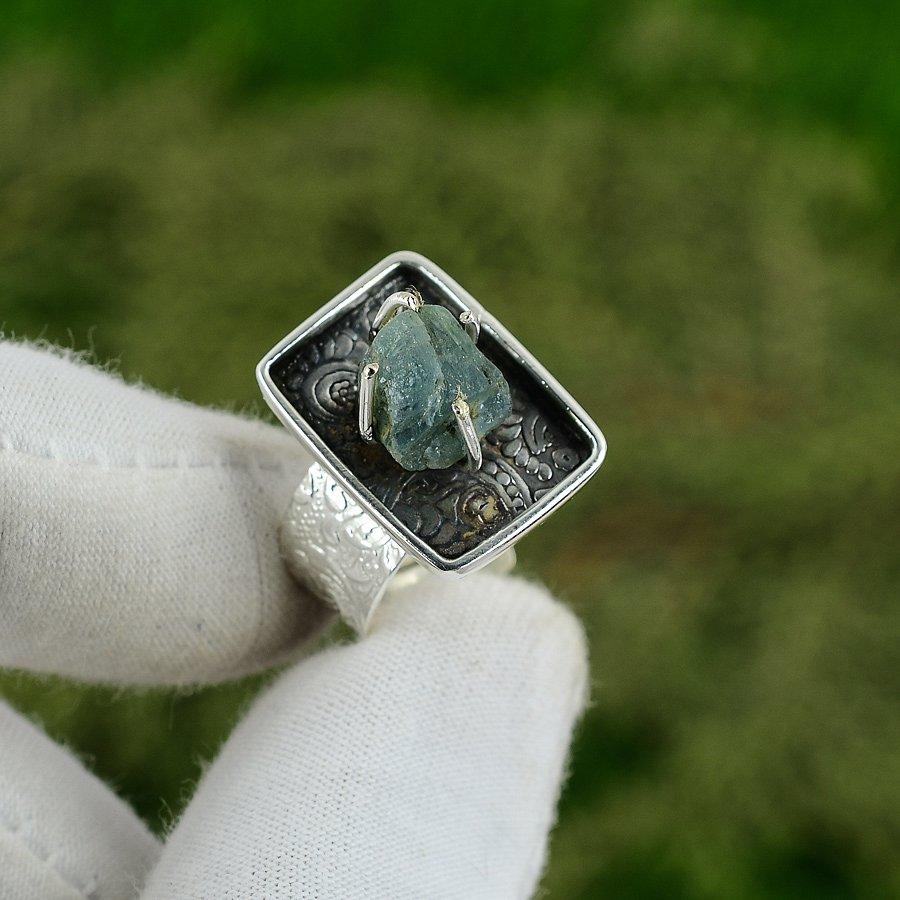 Natural Aquamarine Rough Gemstone 925 Silver Stackable Adjustable Ring For Girls Adjustable