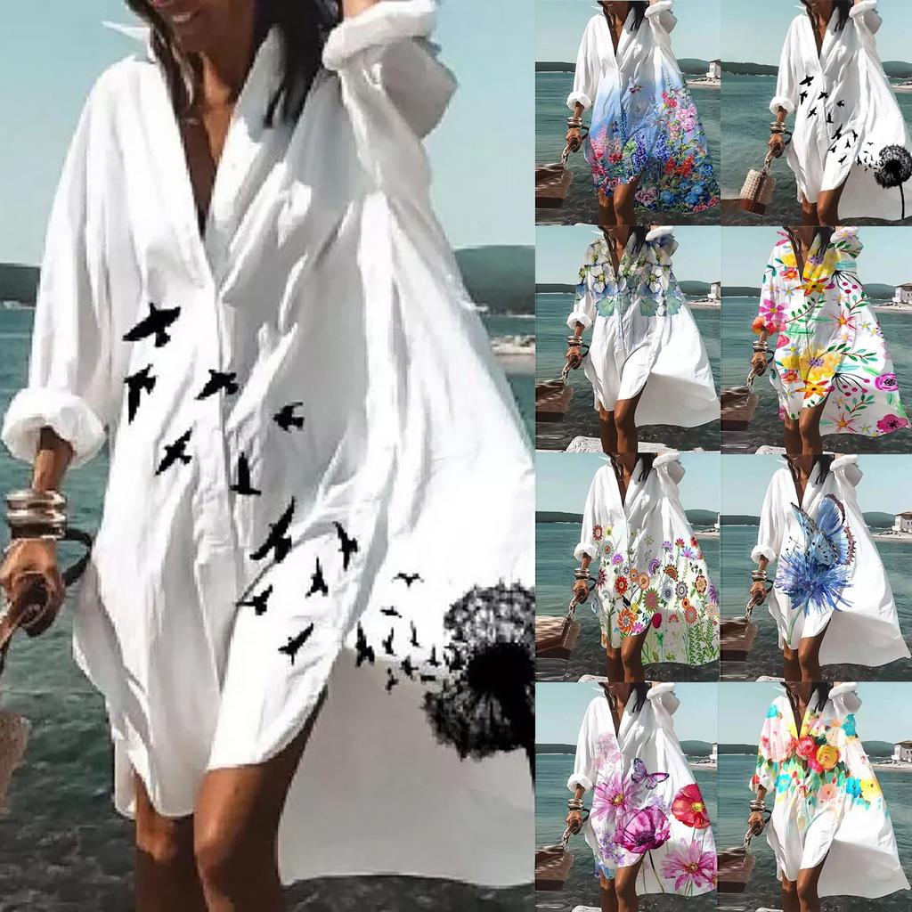 Fashion Women Floral Print Long Sleeves Buttons Cardigan Loose Shirt Dress