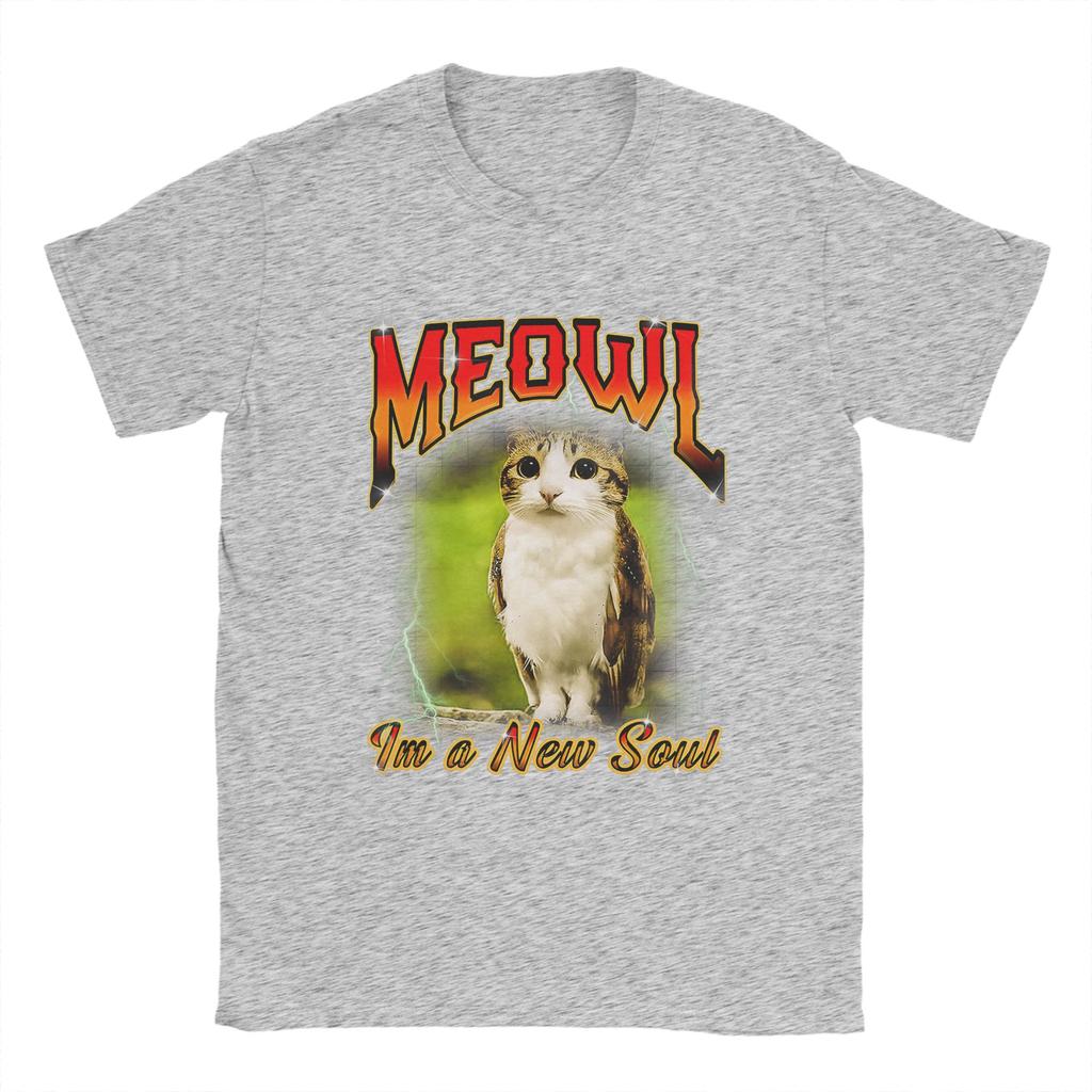 Humor Cat Owl Funny Cursed Internet Brainrot Bootleg Meowl TShirts Men 100 Cotton T Shirts Short Sleeve Plus Size Clothing
