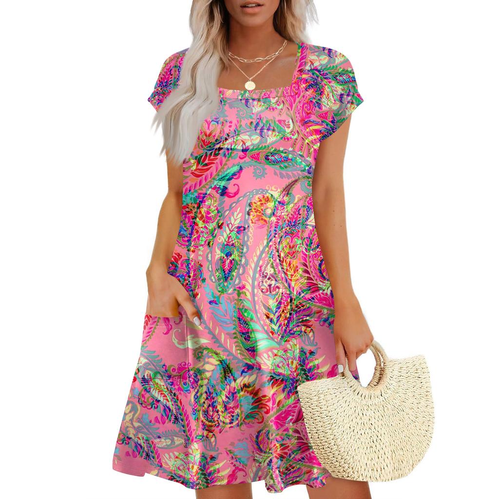 Summer Dresses For Women Loose Square Neck Cap Sleeve Casual Beach Vacation Tshirt Dress Sundresses With Pockets