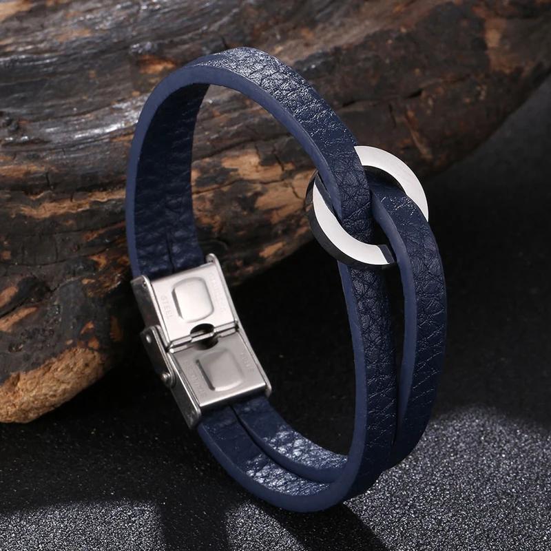 Fashion Double Layer Leather Hand Bracelet for Men Women Charm Stainless Steel Bangles Couples Jewelry Wristband Gift