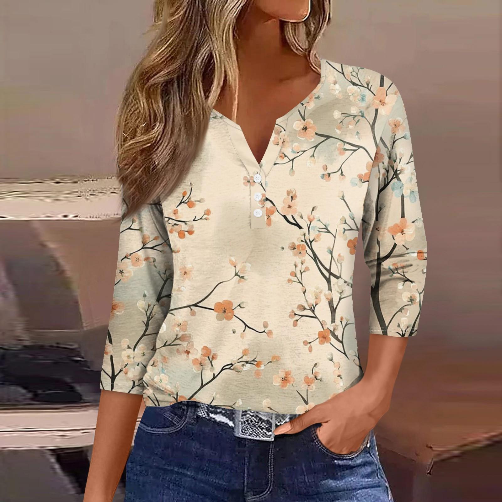 

Женский свободный повседневный топ с цветочным принтом и V-образным вырезом с рукавами семь четвертей Топ с V-образным вырезом и рукавами семь четвертей XXXL бежевый