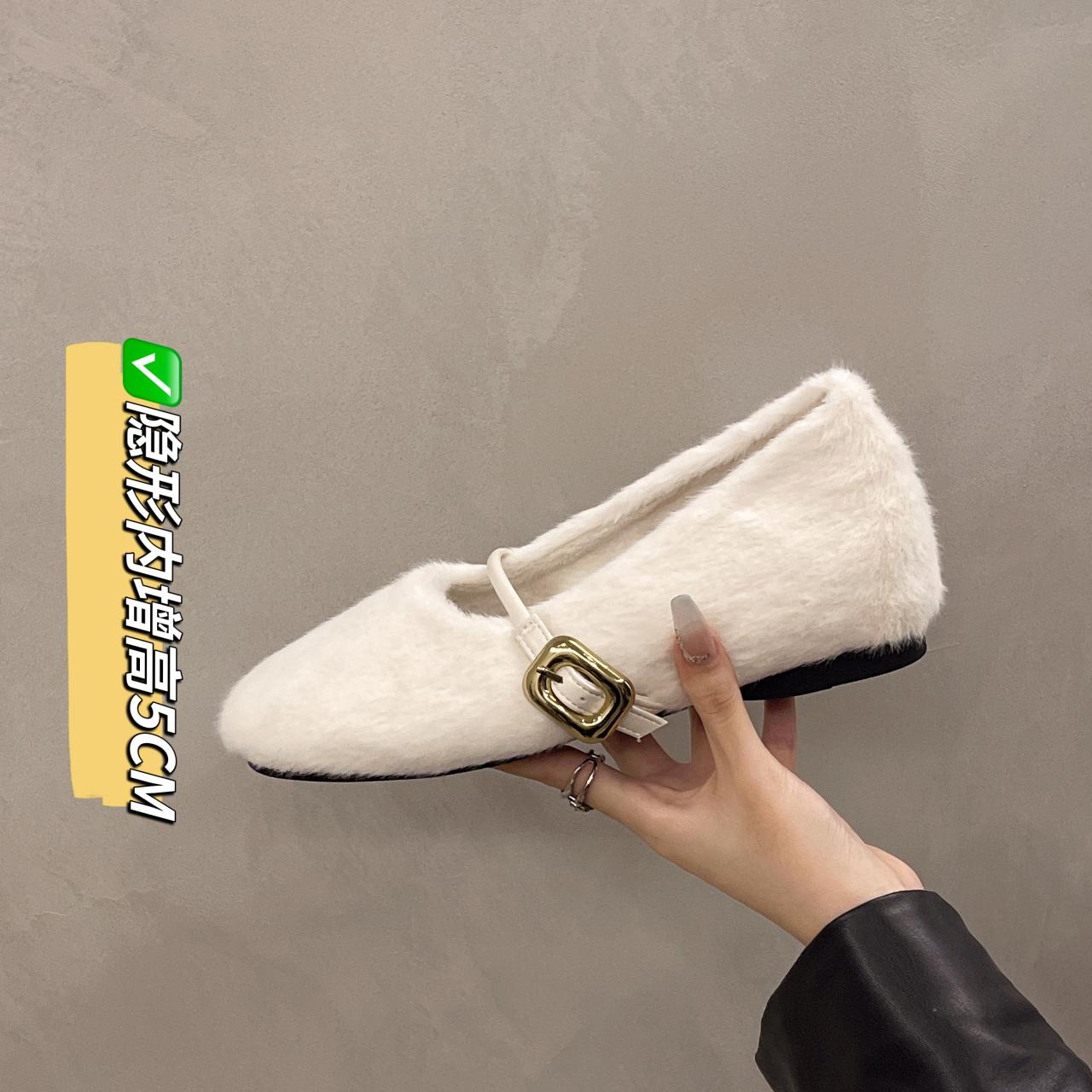 

AJGS New Elegant Buckle Strap Fur Mary Jane Shoes Woman Cosy Soft Fluffy Ballet Flat Ladies Plush Shallow Loafers Concise Dress 35 білий