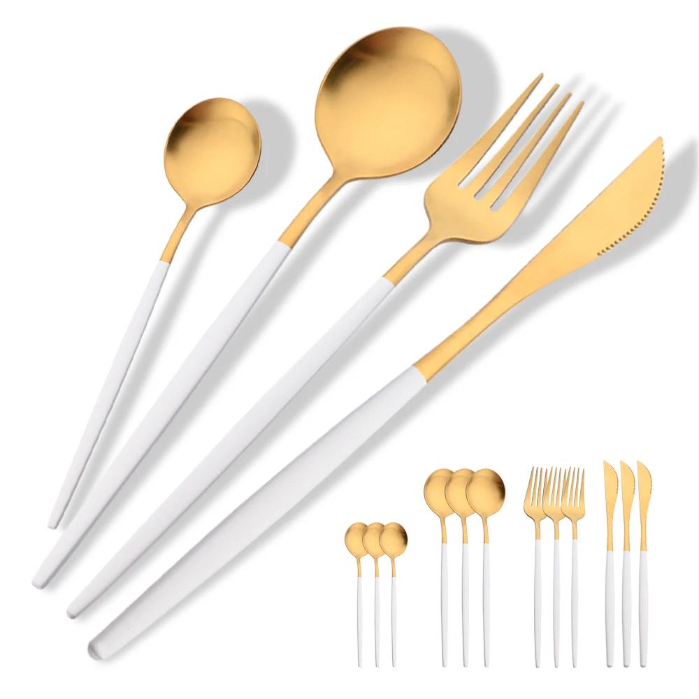 Set 16 Bucăți Veselă Set Tacâmuri Roșu Auriu Set Tacâmuri Furculiță Cuțit Linguriță Cină Argintărie Bucătărie Set Tacâmuri