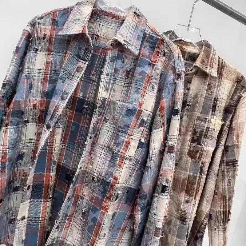 Women Loose Distressed Plaid Long Sleeve Vintage Casual Shirt Blouse Outerwear