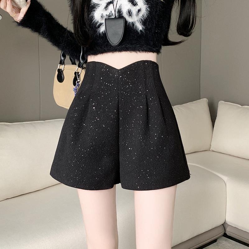 

Women s 2024 A-Line Sequined Woolen Hot Pants - Black Letter Design, Wide-Leg, Slimming, Winter Style 2XL