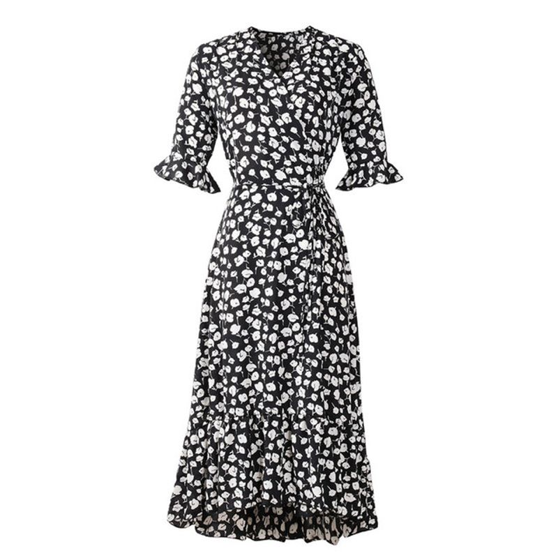 

Printed Ruffle Hem Dress for Women Print Ruffles Large Swing Dress Female CD1006 Black M