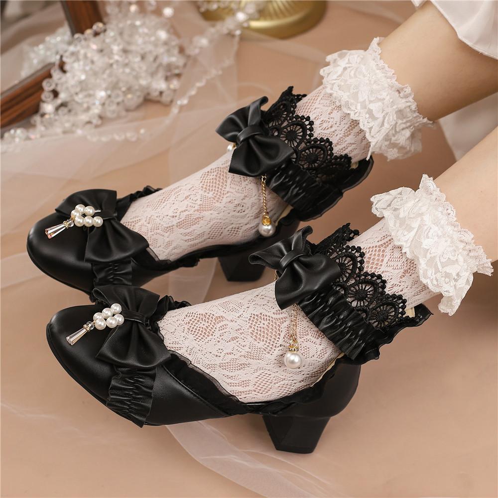 Fashion Spring Summer Women High Heels Mary Jane Pumps Party Wedding White Pink Black String Bead Bow Princess Cosplay Lolita Shoes