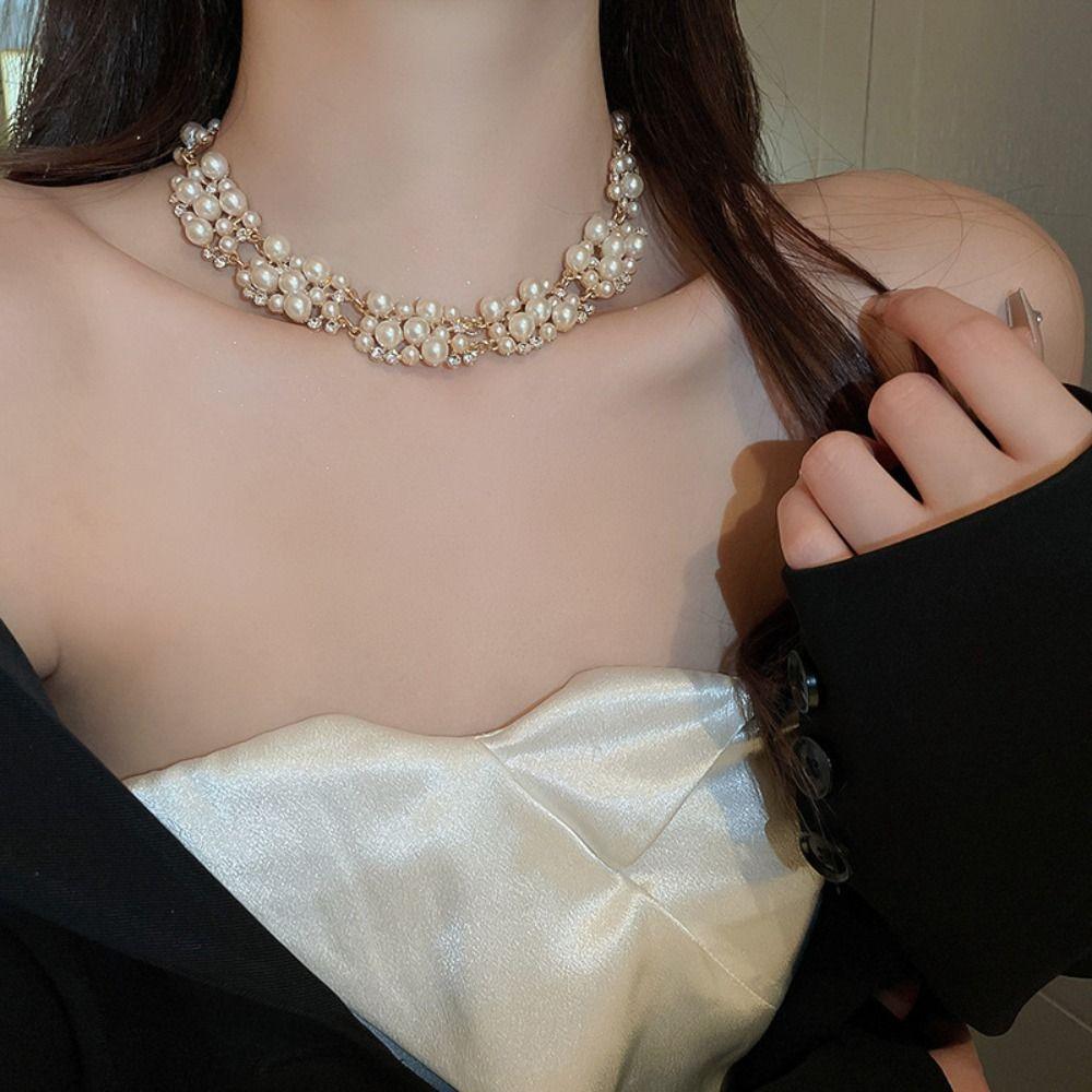 Multi-layer Pearl Jewelry Set Vintage Pearl Dangle Earrings Pearl Neck Chain  Bridal