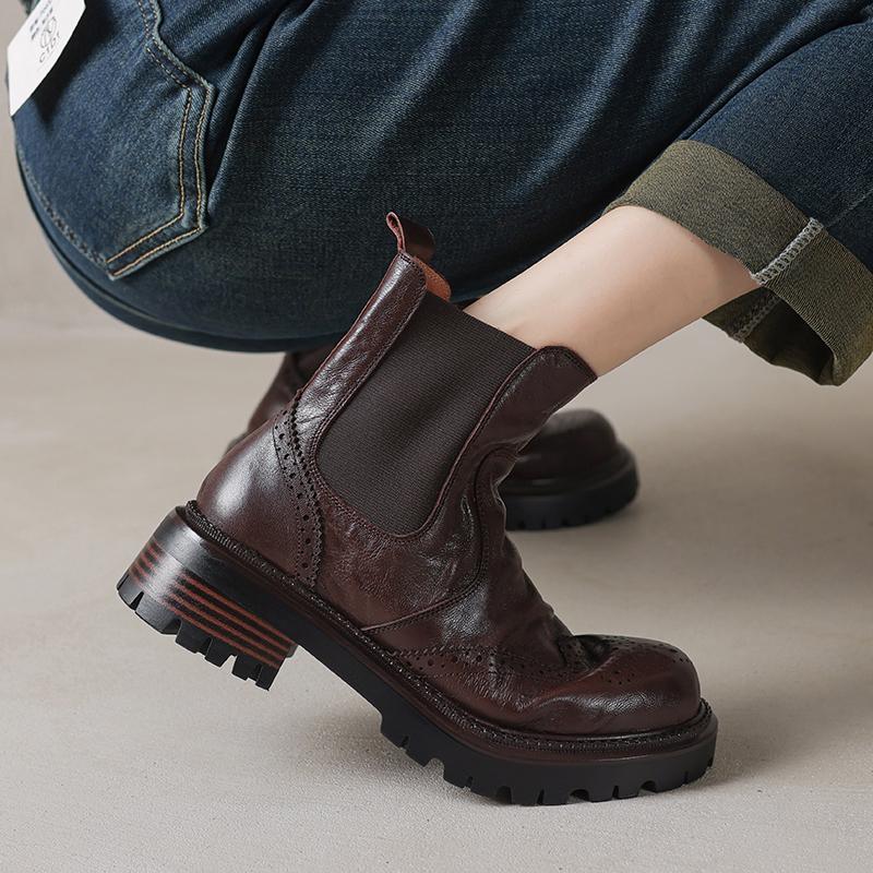 Fashion 2024 New Genuine Leather Winter Women Boots Brogues Platform Motorcycle Boots Ankle Boots Retro Sheepskin Slip-on Ladies Shoes