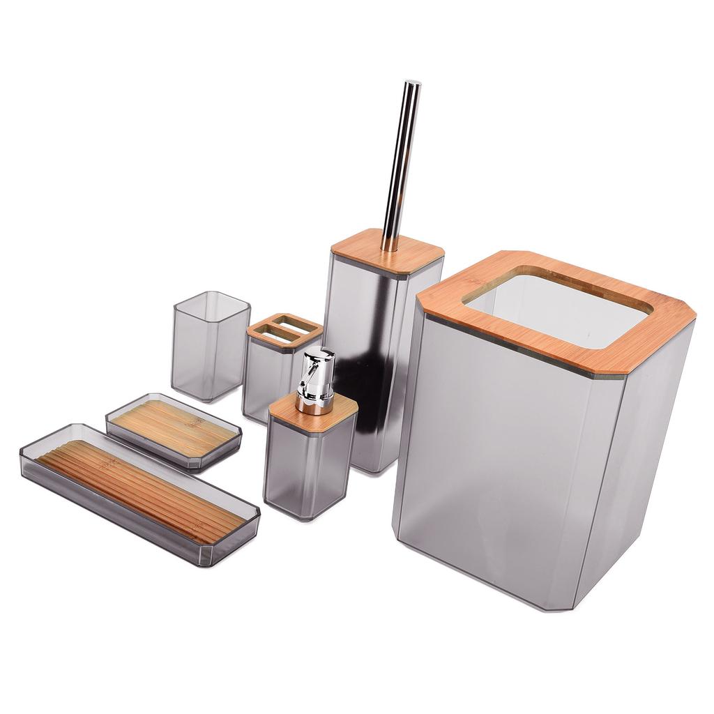 Bamboo Bathroom Accessories Set 7Pcs Soap Box Toothbrush Holder Kit for Home HotelGrey