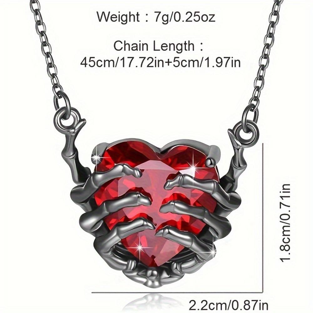 Gothic Heart-Shaped Red Synthetic Zircon Necklace with Zombie Claw Design, Funky Style, Plated Zinc Alloy, Unisex Pendant