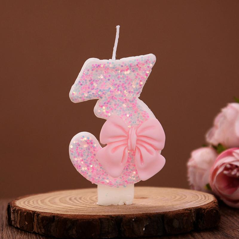 3D Number Cake Decorating Candles Cute Pink Bow Baby Girl Birthday Cake Topper Decoration Party Supplies 0-9 Digital Candle
