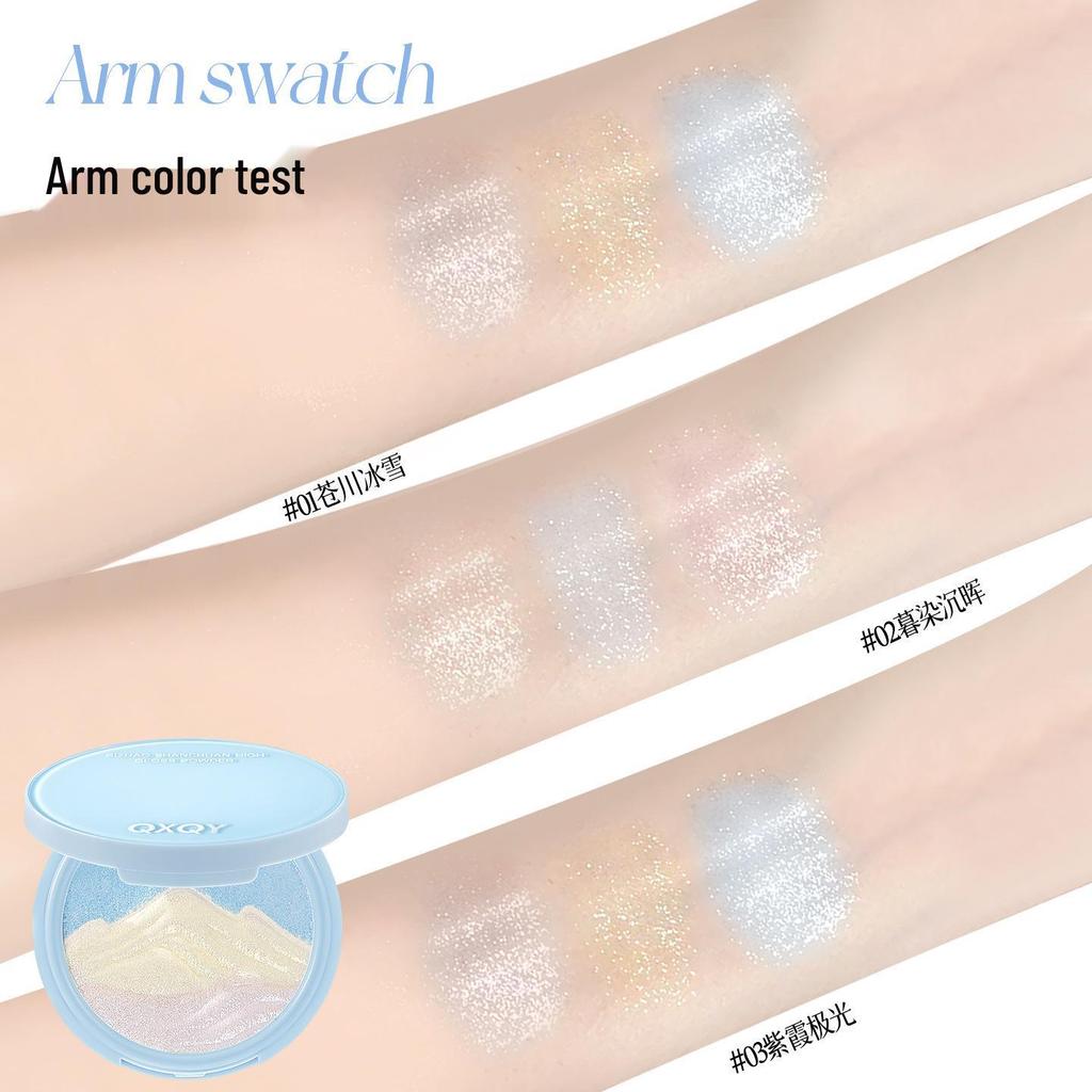 QXQY Rizhao Shimmer Highlighter: Multi-Use Dewy Glow Powder for Face and Eyes.