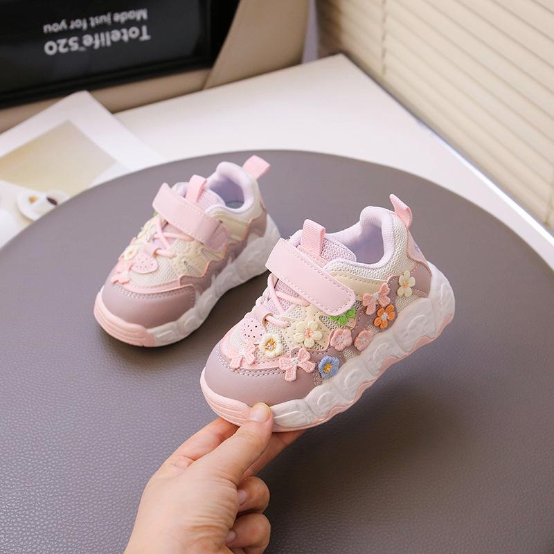 Girls sports shoes 2025 new spring and summer children's shoes girls fashion mesh breathable casual shoes embroidery flowers