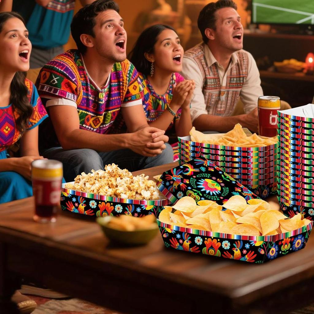 30 Pack Fiesta Mexican Food Trays, Floral and Serape Stripe Design Disposable Paper Serving Containers Boats for Taco Nights, Nachos, Fries, Popcorn,