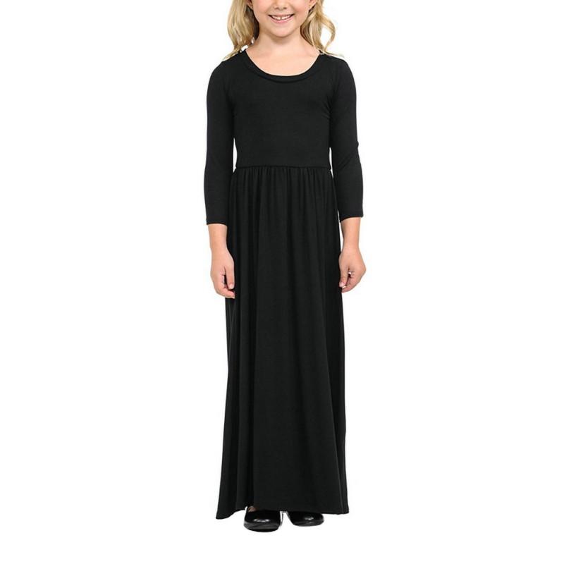 Girls Solid Color Round Neck Long Sleeved Dresses Large Hem Child Long Section Long Dress