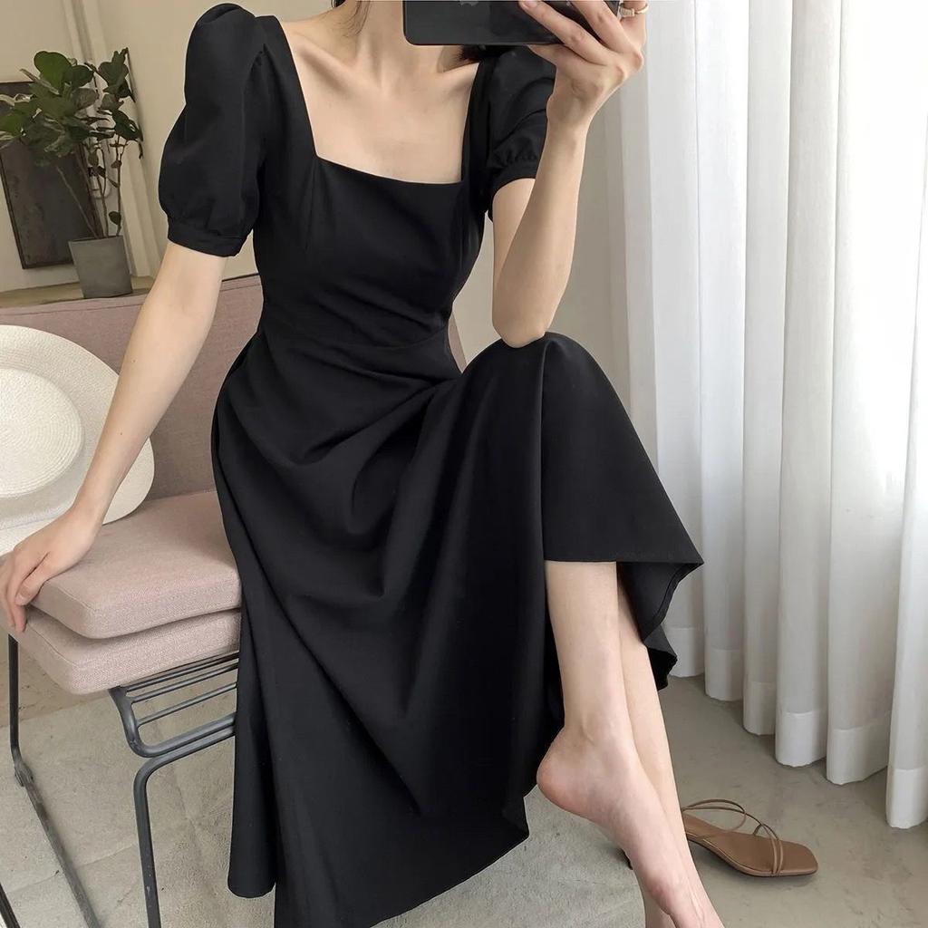 Black Dress Women's Summer New Coffee Break Dress Temperament Square Collar Knee Long Hepburn Style Small Black Dress