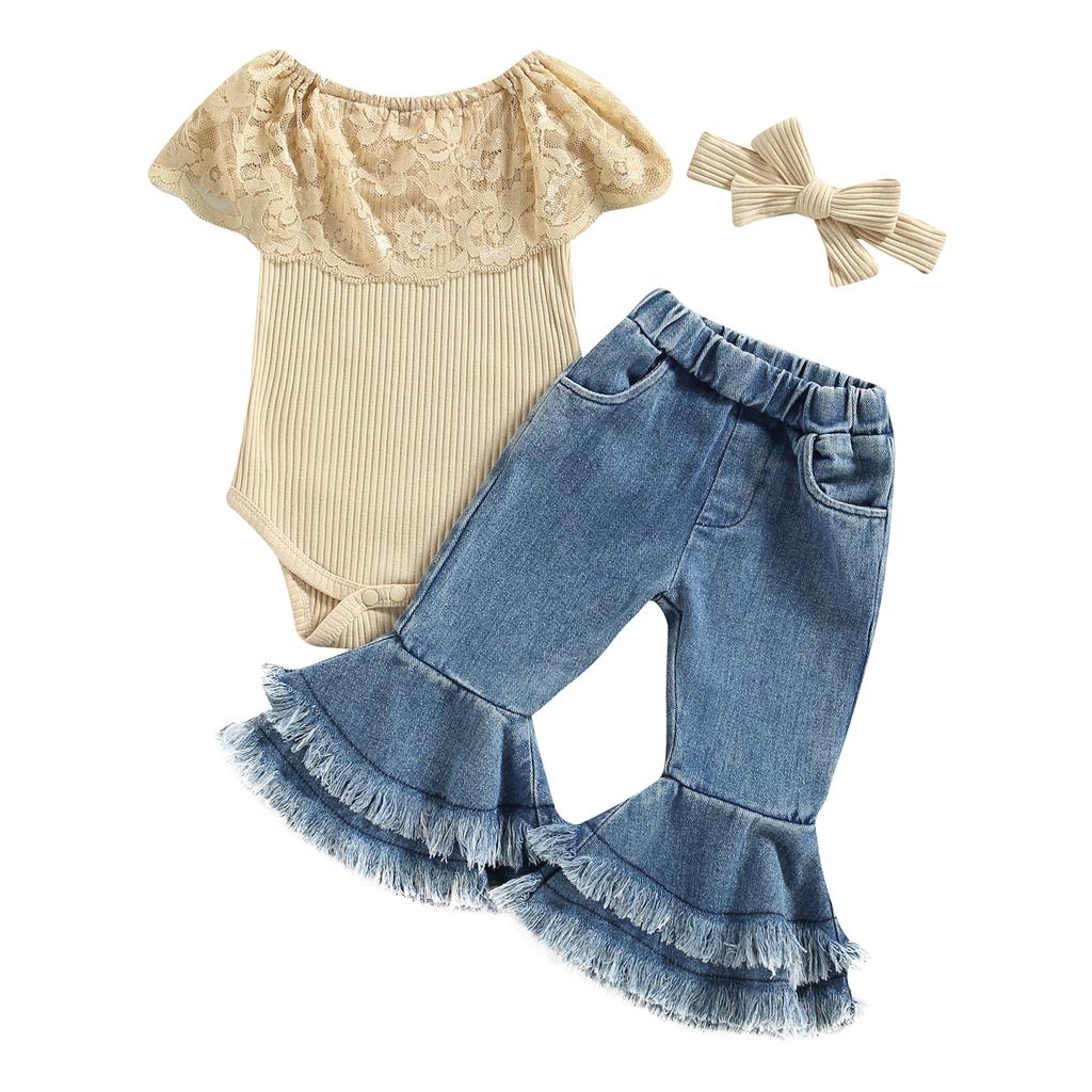 Baby Girls Pants Set, Sleeveless Lace Patchwork Romper with Tasseled Flare Pants and Headband