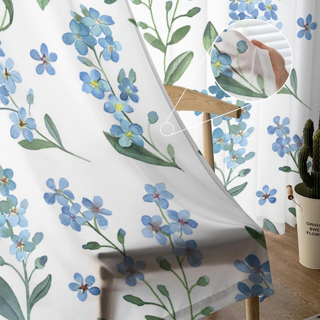 Spring Watercolor Blue Flower Farm Rural Bedroom Transparent Sheer Curtains Holiday Decoration Window Voile Tulle Curtain