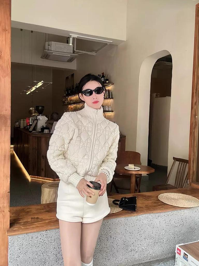 Haute Couture French D Cashmere Blend Diamond Pattern Zip-Up Cardigan Women's Knitwear
