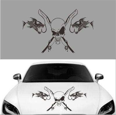 1pc Black Car Hood Door Vinyl Decal Fishing Skull Sticker For Jeep SUV Universal