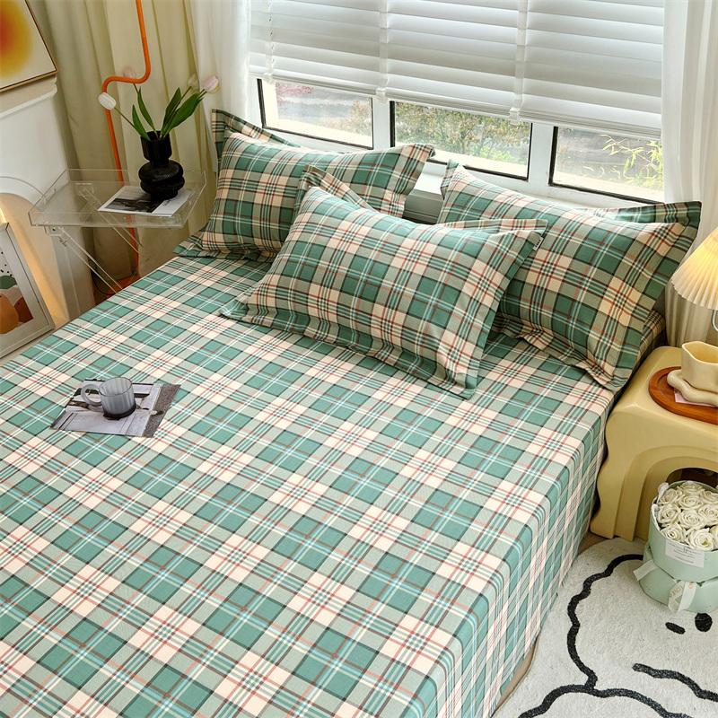 Green Check Raw Cotton Bed Sheets For Double Bed All Seasons Bed Cover Full Set Queen/King Size Flat Top Sheets No Pillowcase