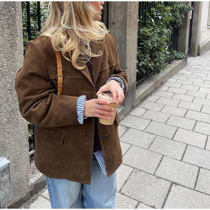 Casaco Castanho para Mulheres Primavera Colarinho Entalhado Manga Comprida Jaqueta Feminina Moda 2025 Solto Abotoamento Simples Casacos Femininos