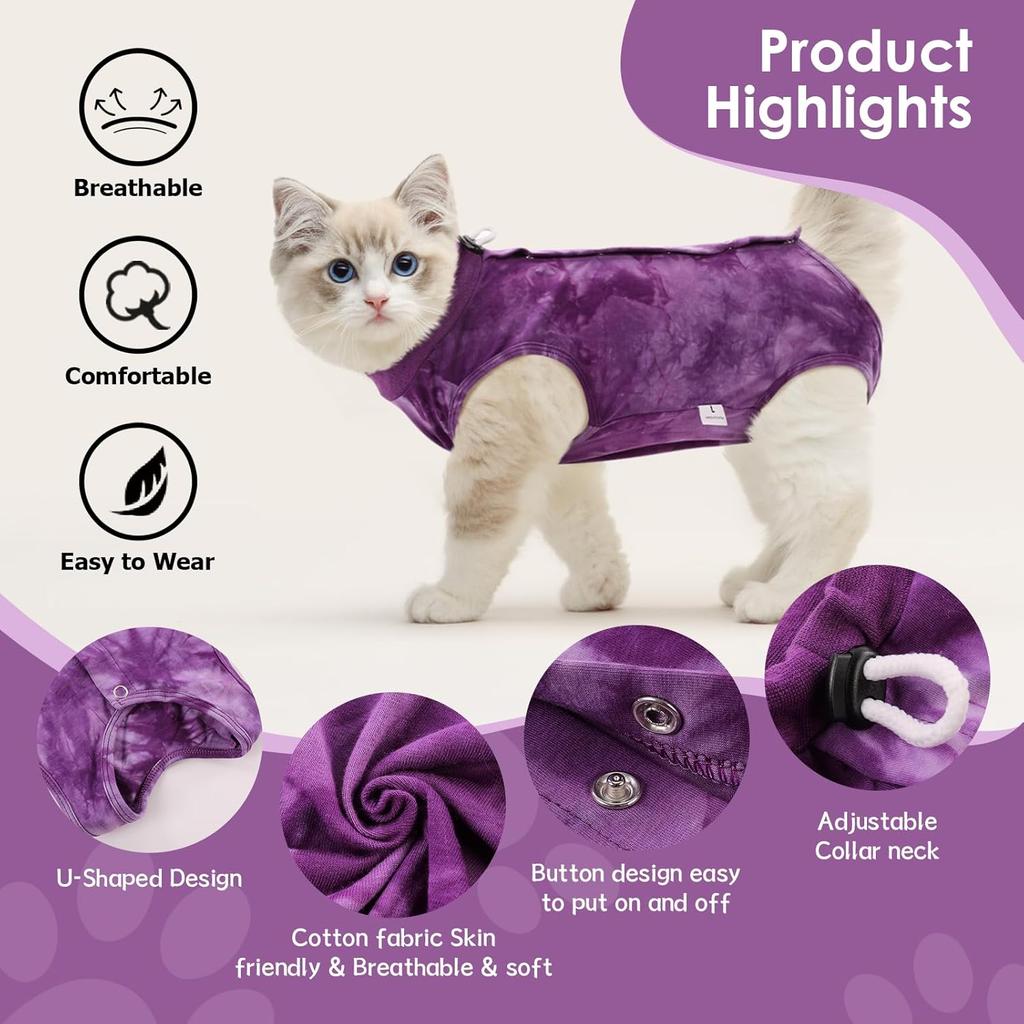 SAWMONG Cat Surgery Recovery Suit,Breathable Cat Onesie After Surgery Spay Surgical,E-Collar Alternative Non-Lick Pet Body Suit Purple S