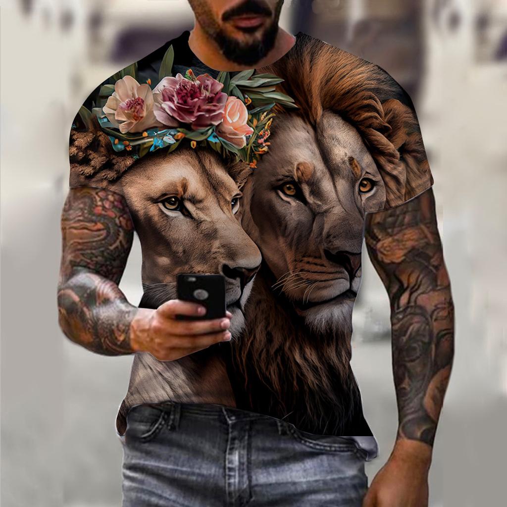 Summer Men's Vintage T Shirt Lion Graphics 3D Print Fashion Tiger Short Sleeve Men's Clothing Oversized Wolf T-shirts Streetwear