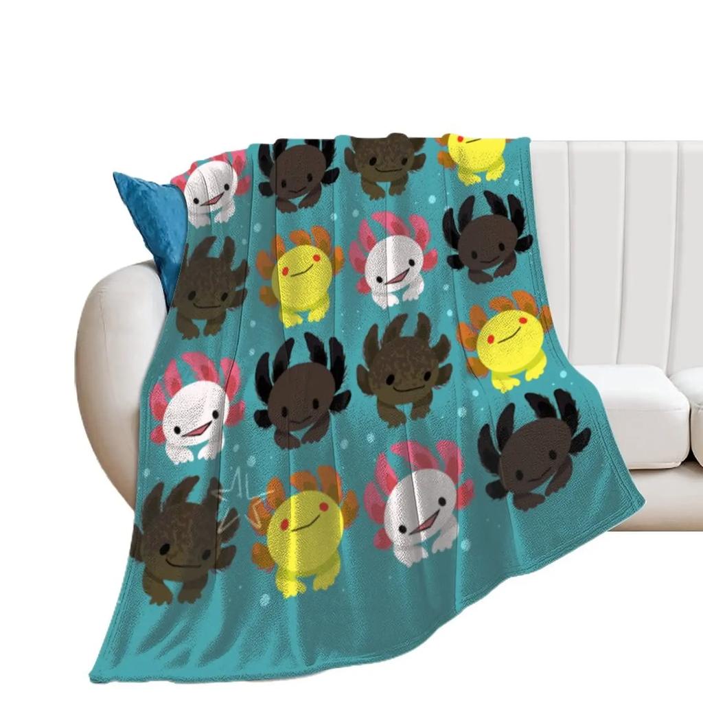 Cartoon Axolotl Blanket Kawaii Ocean Animal Throw Blankets for All Season Seaweed Aquarium Soft Flannel Sofa Blanket for Kids