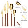 Imitation Wood Handle, Imitation Stone Pattern Knife, Fork and Spoon, Five-piece 430 Stainless Steel Knife, Fork and Spoon Tableware 20-piece Set