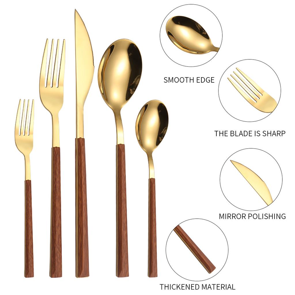 Imitation Wood Handle, Imitation Stone Pattern Knife, Fork and Spoon, Five-piece 430 Stainless Steel Knife, Fork and Spoon Tableware 20-piece Set
