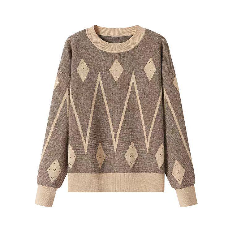 

Универсальный шерстяной свитер с жаккардовым узором в стиле ретро - Коллекция Осень/Зима 2025: Длинный рукав, круглый вырез, теплый, удобный, повседневный базовый слой 2XL бежевый/верблюд