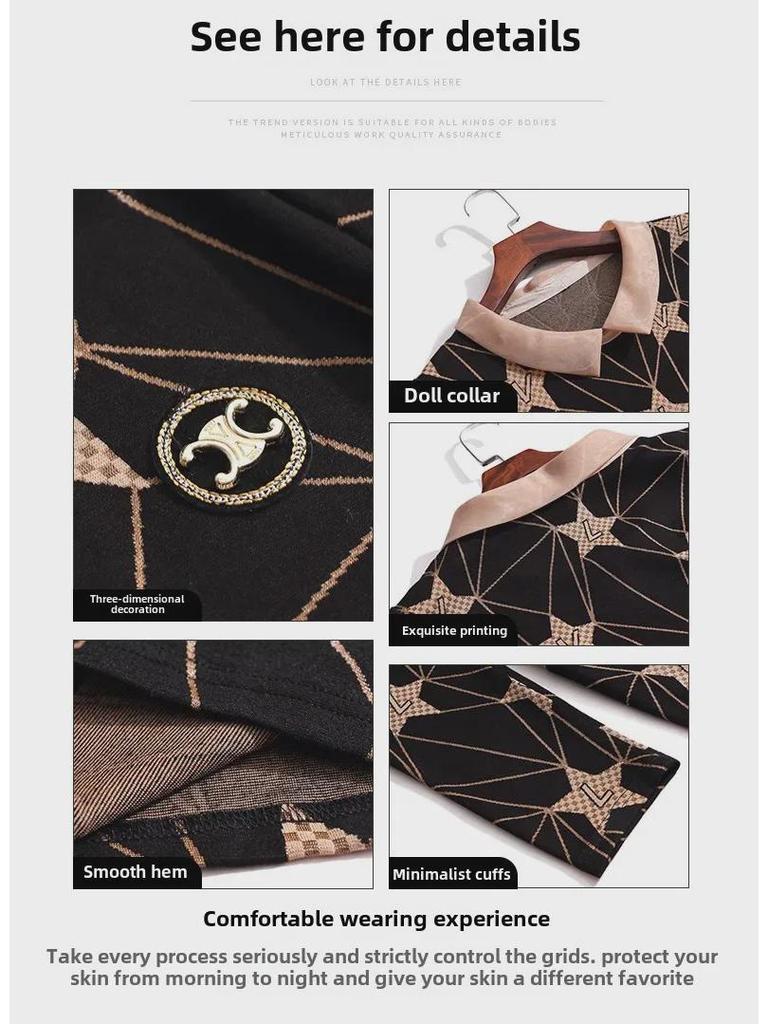 Large Loose Korean Doll Collar Long-Sleeve Mesh Print Top for Middle-Aged Women - Spring Fashion