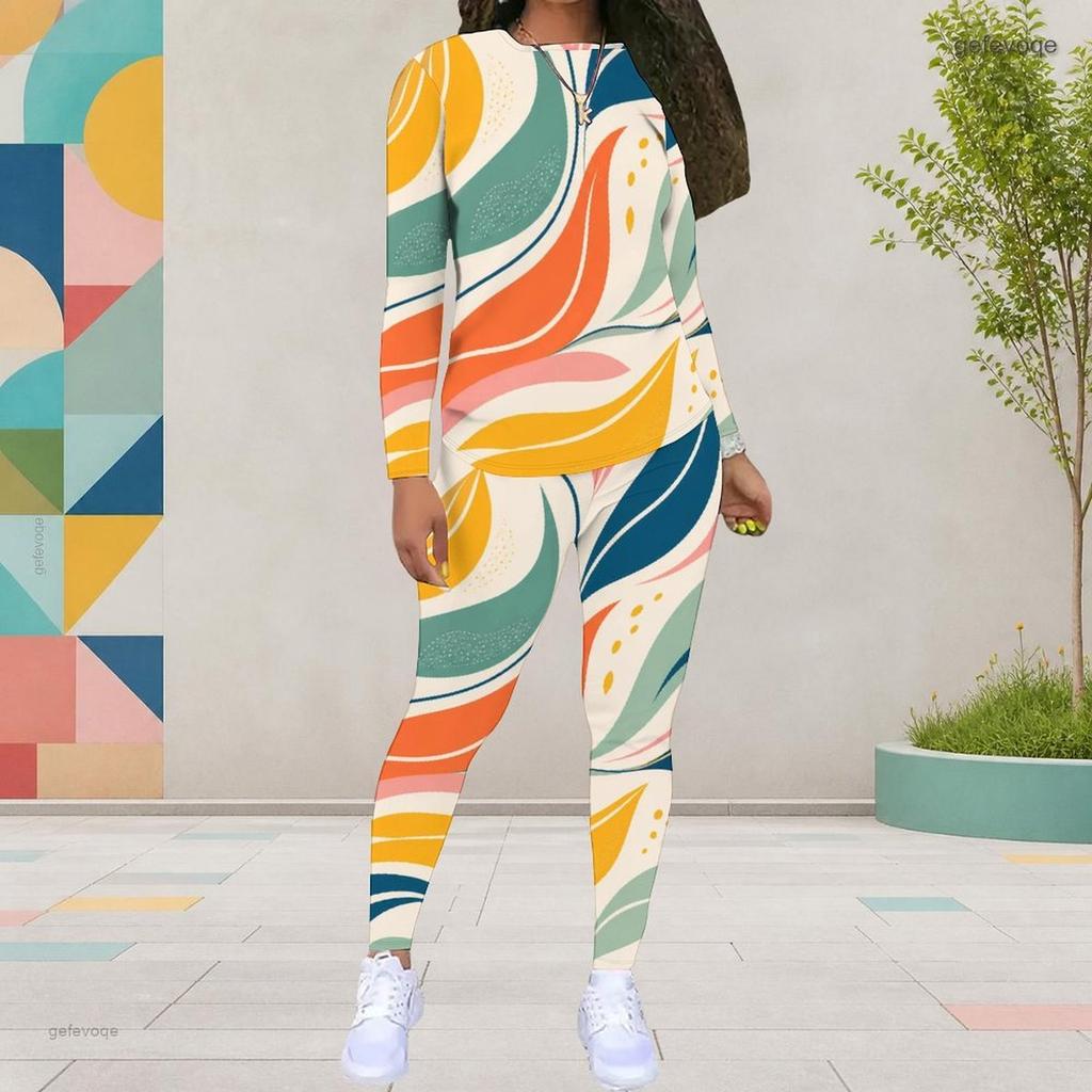 Women Plus Size Colorful Printed Round Neck Long Sleeve Top And Fitted Pants Two Piece Set