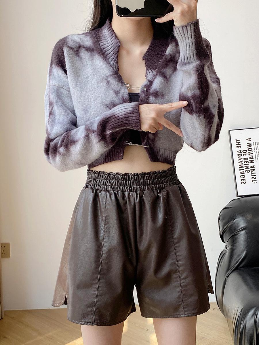 

Кожаные шорты больших размеров с высокой посадкой и широкими штанинами для женщин - А-силуэт, осенне-зимний стиль для полных бедер L кофейный